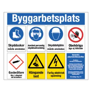 Byggarbetsplatsskylt med regler som gäller på arbetsplatsen