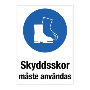 Påbudsskylt med texten Skyddsskor måste användas