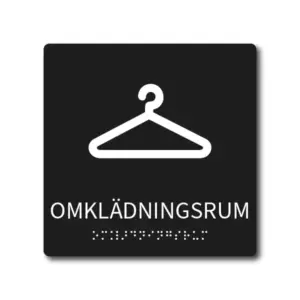 Taktil skylt med texten omklädningsrum och braille