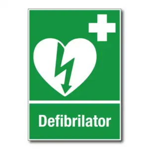 Skylt med texten Defibrilator